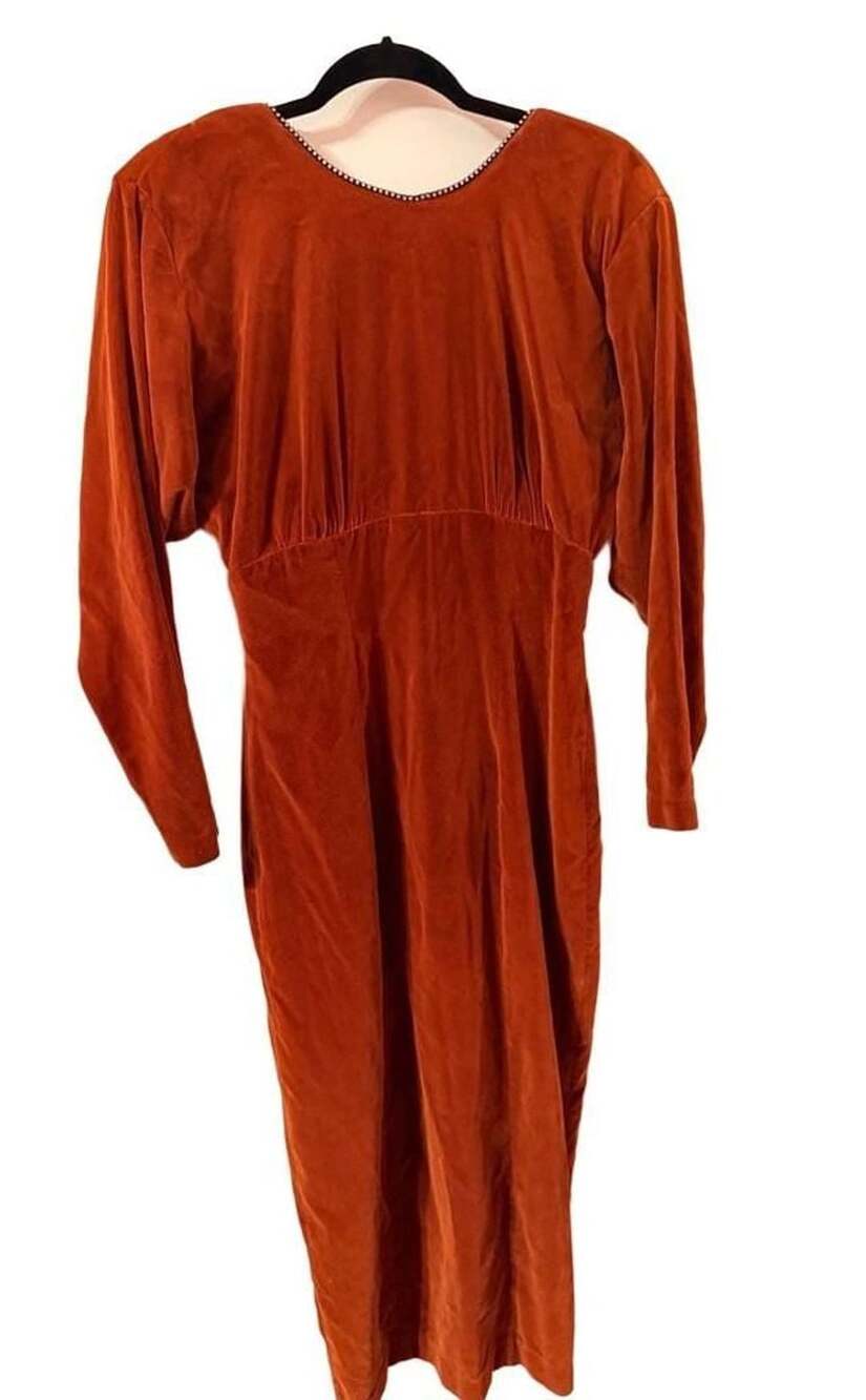 Datiani Velvet Midi Dress Size 8 Rust Rhinestone Trim Vintage 90’S